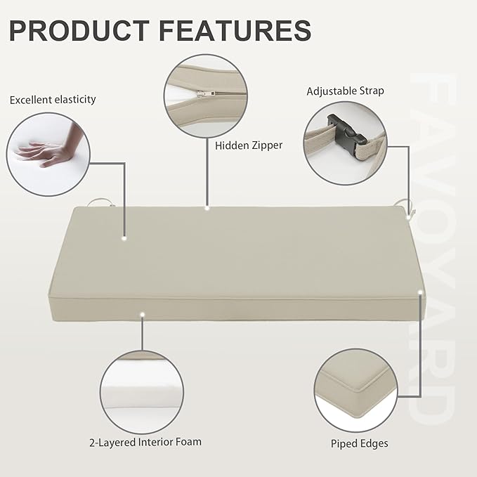 Favoyard Outdoor Bench Cushion 45 x 18 Inch Waterproof Patio Furniture Cushions 3-Year Color Fastness Garden Sofa Settee Couch Swing Pads with Handle and Adjustable Straps, Beige