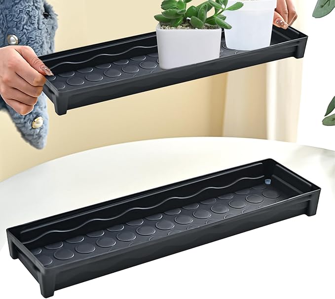 5 PCS Plastic Plant Tray Saucer Rectangular, Windowsill Plant Drainage Stand for Indoors Outdoor, Black Water Drip Tray for Flower Pot Planter, 16 x 4.5 x 1.6 Inch