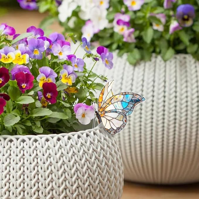 JOONOR 2 Pieces Stained Acrylic Butterfly Flower Pot Hugger Cute Animal Statue for Planter Hanger Decorations Outdoor Fairy Garden Planter Edge Accessories,Butterfly