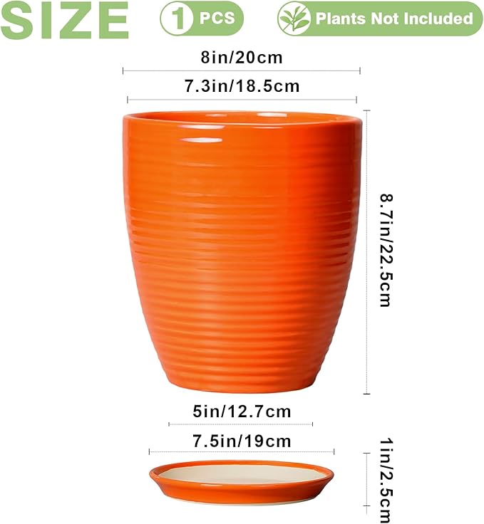 Ceramic Pots for Plants - 8 Inch Plant Pot with Drainage Hole and Saucer, Round Planter for Indoor Outdoor, Modern Flower Planters, Home Apartment Room Decor, Gardening Gifts, Orange