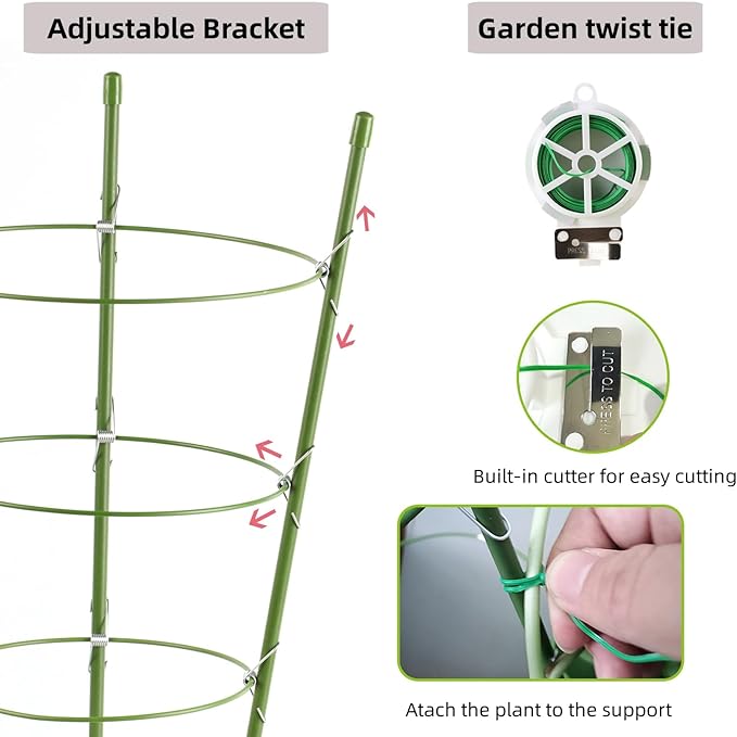 4 Pack Tomato Cage, 18 inches Plant Support Cages for Garden, Upgrade Garden Plant Stakes with Adjustable Rings, Plants Trellis for Tomato, Flower, Climbing Plants, with Twist Tie
