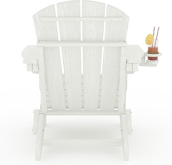 Folding Adirondack Chair Set of 2, All-Weather HDPE Outdoor Chair, Wooden Textured with Cup Holder for patios, Decks, Gardens, fire pits, White