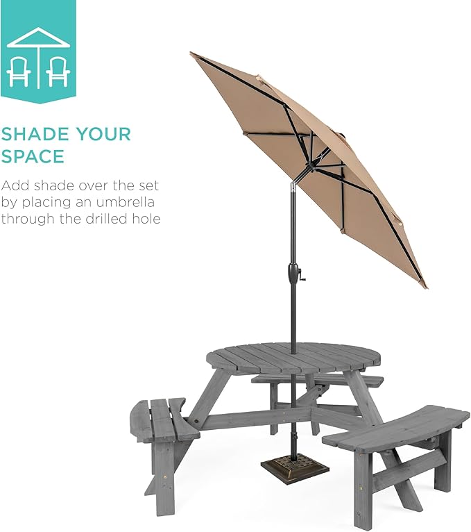 Best Choice Products 6-Person Circular Outdoor Wooden Picnic Table for Patio, Backyard, Garden, DIY w/ 3 Built-in Benches, 500lb Capacity - Gray