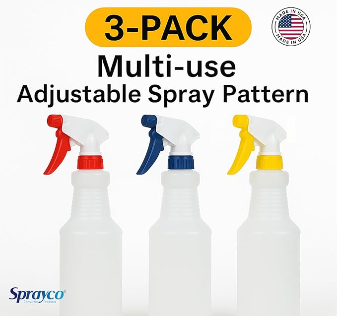SprayCo 32oz Spray Bottle, 3 Pack – Adjustable Nozzle, Built-In Dilution Scale, Heavy Duty Plastic, Cleaning, Gardening, Auto Detailing, Made in USA