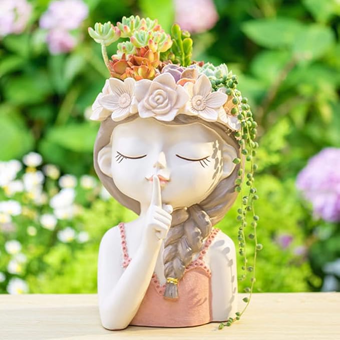 Adorable Large Girl face Planter Cute Big Succulent Pot with Drainage Hole Tall Lady Head Planter Resin Flower Pot Decorative vase for Plants