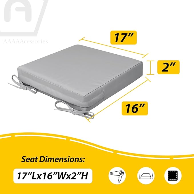 AAAAAcessories Outdoor Seat Cushions for Chairs, Waterproof, Fade-Resistant, 17" x 16" x 2", Patio Furniture Replacement Cushions, Set of 2, Gray