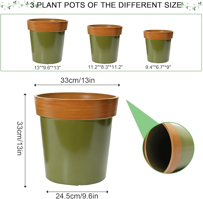 3 Pack Plant Pots, 13/11/9 Inch Large Planter, Durable Lightweight Green Flower Pot Garden Containers for Indoor & Outdoor Use, UV Resistant