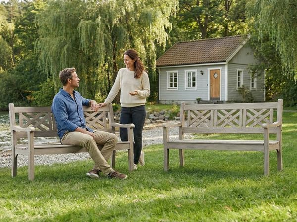 Psilvam 63''W All-Weather Poly Lumber Outdoor Bench – Teak Color, 3-Person Garden Bench with Decorative Backrest & Curved Armrests, Anti-Rot & Fade-Free Patio Bench for Porch, Backyard, and Park(Grey)