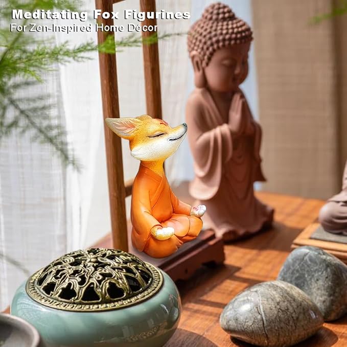 Meditating Buddha Fox Statue Resin Zen Animal Sculpture Yoga Figurine Indoor Outdoor Fengshui Decor for Patio Garden Yard Lawn Tabletop Planter Ponds Pot Bookshelf Spiritual Gifts Ornaments Orange