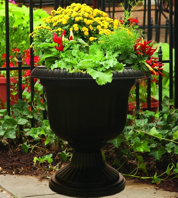 Southern Patio Large 14 Inch Outdoor Home Lightweight Resin Utopian Urn Flower Planter Pot for Entryways and Backyard Patios, Black