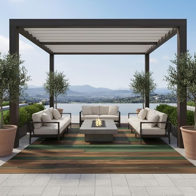 Waterproof Wood Grain Outdoor Rug 6x9 Green Brown Stripes Wooden Board Print Outdoor Area Rugs for Backyard Balcony Porch Patio Deck Washable Non Slip Farmhouse Indoor Outdoor Carpet Floor Mat