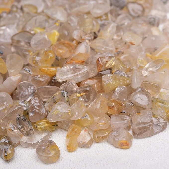 IMALY Gold Rutilated Quartz Tumbled Chips Stone Polished Crushed Healing Crystal Quartz Pieces Irregular Shaped Stones for Home Decorative Stones Vases Plants Succulents 0.5lb