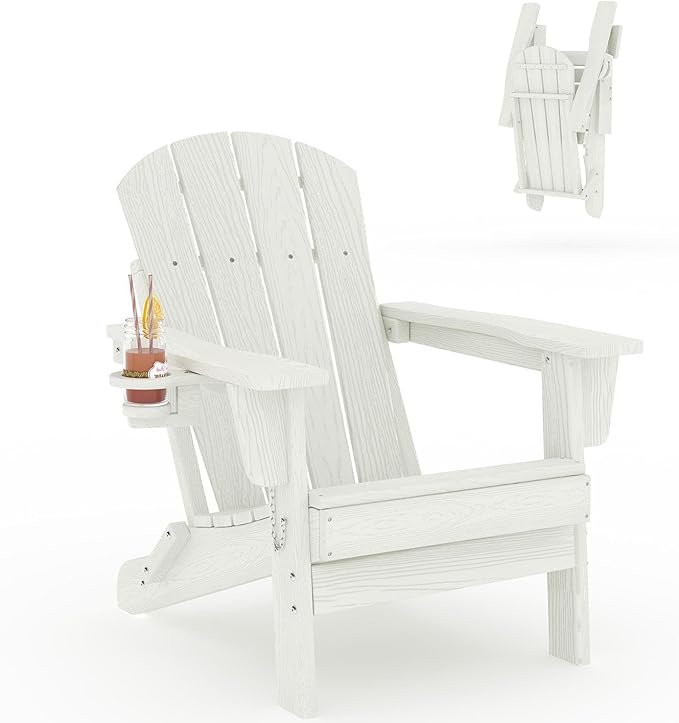 Folding Adirondack Chair, All-Weather HDPE Outdoor Chair, Wooden Textured with Cup Holder for patios, Decks, Gardens, fire pits, White