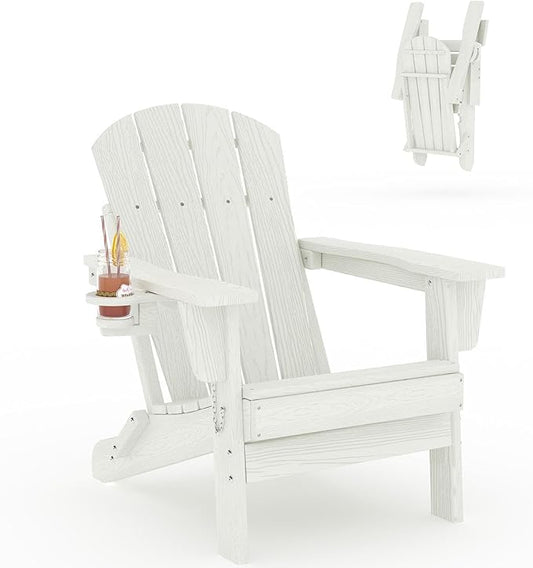 Folding Adirondack Chair, All-Weather HDPE Outdoor Chair, Wooden Textured with Cup Holder for patios, Decks, Gardens, fire pits, White