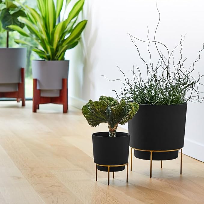 Bloem Hopson Decorative Resin Cachepot with Metal Stand, 14" Indoor and Outdoor Planter with Gold Metal Stand, Black