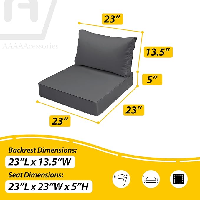 AAAAAcessories Outdoor Seat Cushions for Chairs, Fade-Resistant, Waterproof Patio Furniture Replacement Cushions, 23" x 23" x 5" + 23" x 13.5", Set of 4, Dark Gray