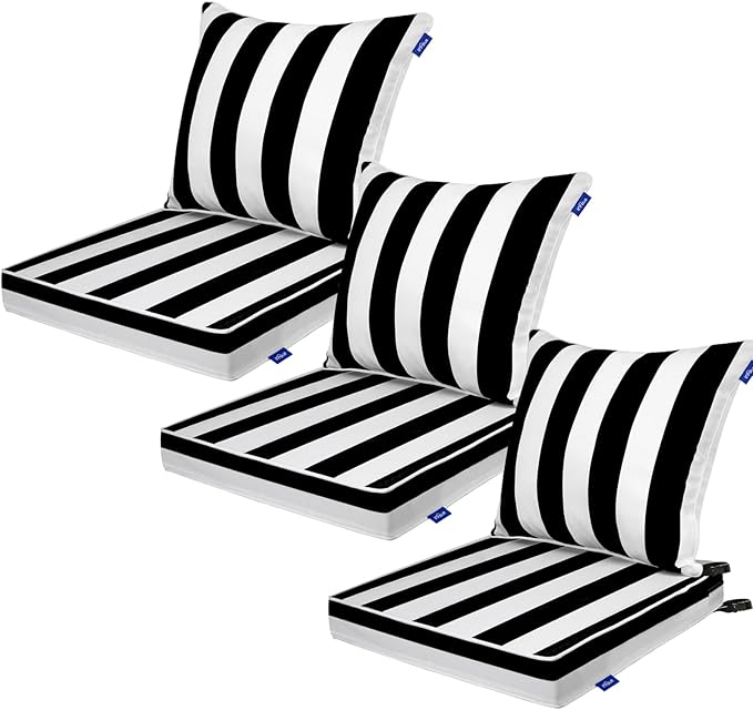 Deep Seat Cushions, Outdoor Cushions, Patio Furniture Cushions, Deep Seat & Back Cushion Patio Cushions for Backyard Couch Sofa Fade Resistant (24x24x4 inches 3 Sets, Black Stripes)