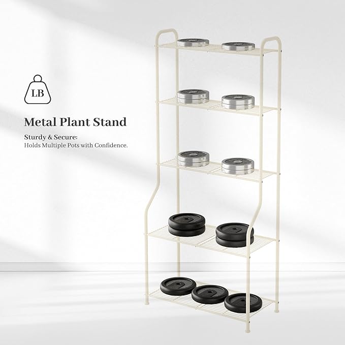 Plant Stand Indoor Outdoor for Multiple Plants, 5 Tier Tall Heavy Duty Metal Shelf, Large Flower Pot Holder Ladder for Garden, Patio, Living Room, Balcony, White
