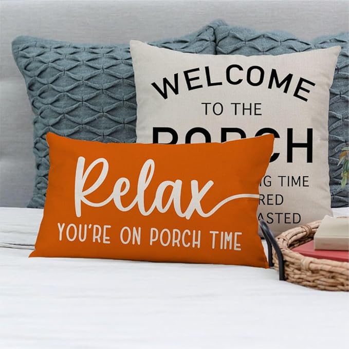 PANDICORN Decorative Throw Pillow Covers 12x20 Inch Relax Porch Time Orange Outdoor Farmhouse Spring Fall Decorations Cozy Lumbar Decorative Cushion Case for Sofa Couch Patio Front Porch Decor