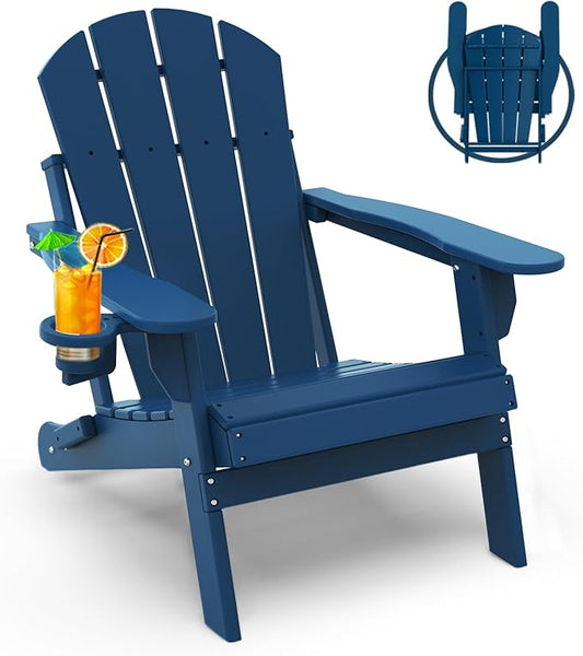 GREENVINES Folding-Adirondack-Chair | HDPE Plastic | Fire Pit Chairs | All Weather | Cup Holder | Blue | for Deck Backyard Patio Outdoor Garden