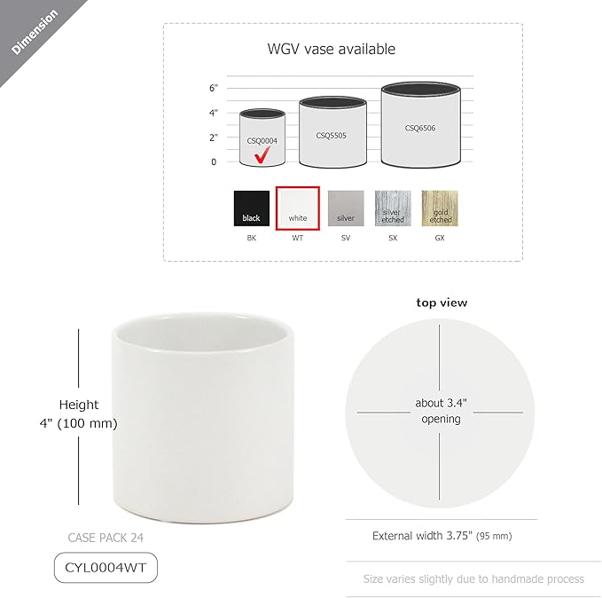 WGVI Matte White Ceramic Cylinder Vase Width 3.75" Height 4", Flower Arrangements, Candle Holder, Terrarium Planter Pot, Tabletop Storage Container Organizer Pen Brush Holder, Bulk Wholesale, 6 Pcs