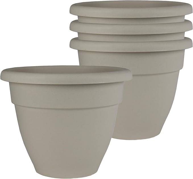 The HC Companies 8 Inch Caribbean Planter Pots with Drainage & Plug, Rolled Rim Plastic Planters for Indoor Outdoor Plants, 4-Pack Decorative Flower Pots for Garden, Office & Home Decor, Cottage Stone