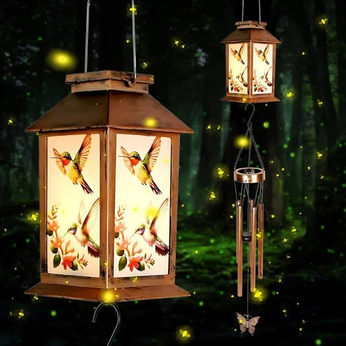 Hummingbird Solar Lighten Wind Chime with Lantern Design - Outdoor Decorative Wind Bells for Garden, Porch, Balcony - Relaxing Nature Sounds- Gifts for mom，Friend，Sister，Grandma