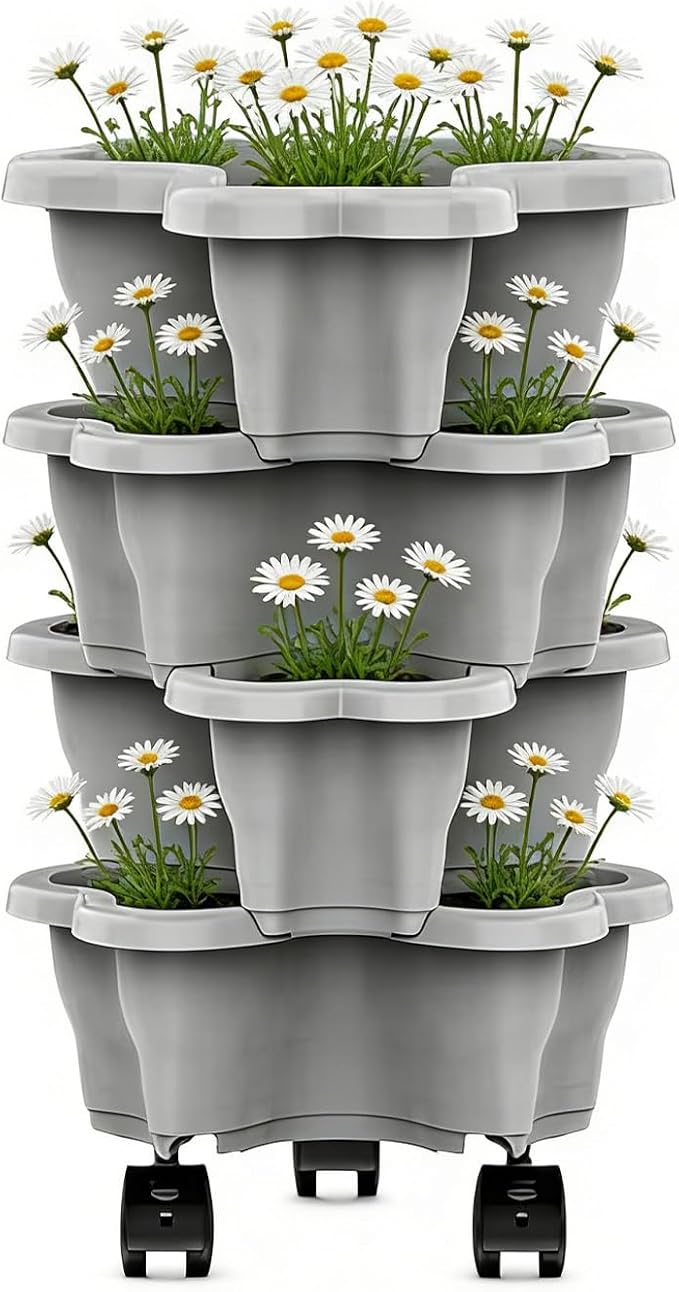Stackable Planter - Vertical Gardening Pot Set, Multi-Level Weather Resistant Containers | Drainage Plant Growing System for Vegetables Herbs Flowers, Indoor Outdoor Use for Patio Balcony Lawn Decor