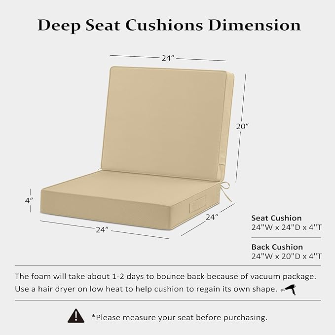 24x24 Outdoor Cushions for Patio Furniture, Waterproof Outdoor Chair Cushions with Non-Slip Ties and Handle, Washable Deep Seat Cushions for Outdoor Furniture with Removable Cover, Khaki