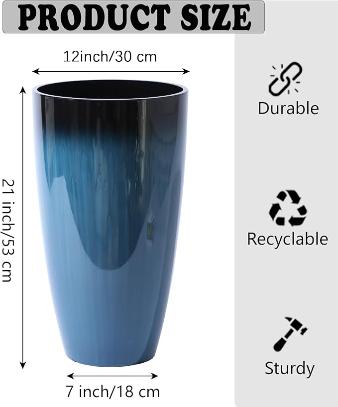 Plant Pots Large Plastic Planters 2Pack Glossy Blue Outdoor Tall Planter Plant Containers for Garden,Patio,Porch,Front Door,Backyard,Corner Decor Planters For Plants With Drainage Hole & Insert Shelf