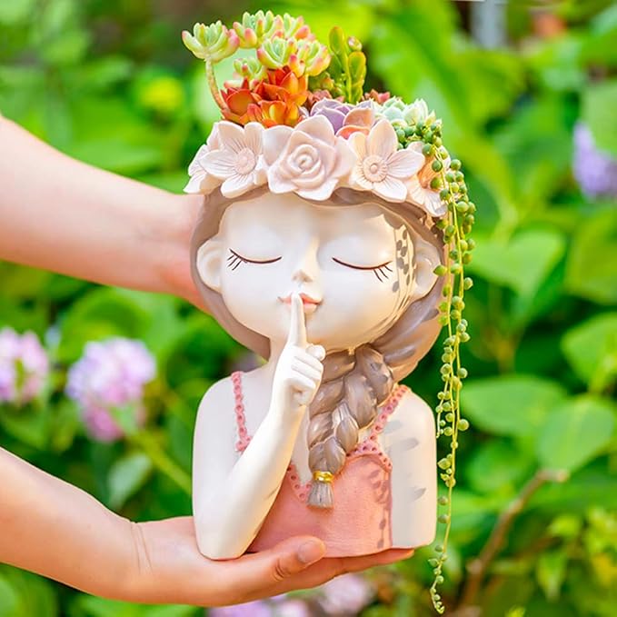 Adorable Large Girl face Planter Cute Big Succulent Pot with Drainage Hole Tall Lady Head Planter Resin Flower Pot Decorative vase for Plants