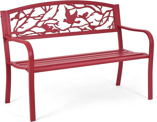 Tangkula Metal Outdoor Garden Bench Park Bench, Patio Bench with Bird & Twig Cast Iron Back Pattern, Heavy-Duty Patio Chair with Back & Arms, Seats 2-3 Persons, for Porch, Yard, Park, Lawn, Porch