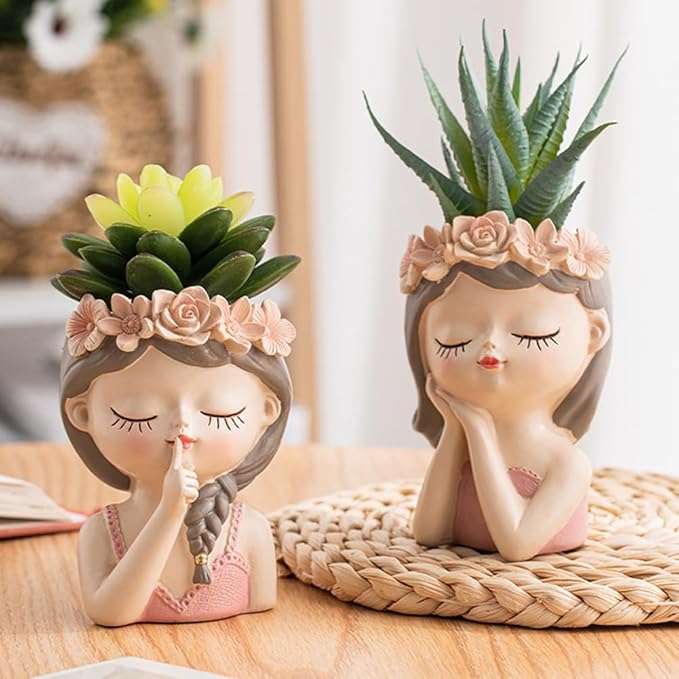 Small Fairy Succulent Plant Pot with Drainage Hole 4inch Indoor Cactus Pot Unique Cute Flower Pot with Girl Face Container Planter Home Office Desk Garden Gifts Idea for Women