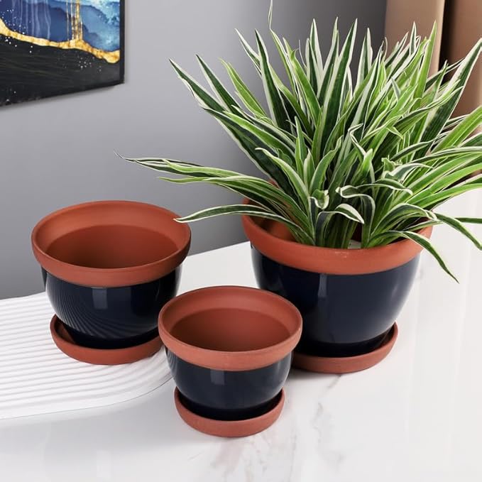 Yishang Glazed Terracotta Pots with Saucers, Set of 3, 5", 6", and 7" Sizes, Ceramic Clay Planter Pots with Drainage Holes - Black