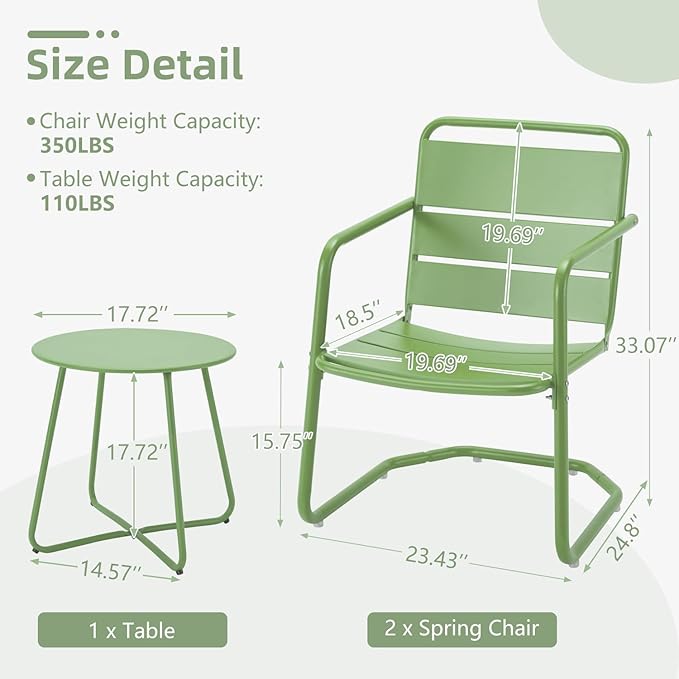 MELLCOM 3 Piece Patio Set, Small Patio Furniture Set - 2 C-Spring Metal Chairs with Round Side Table, Outdoor Bistro Set for Balcony, Front Porch, Poolside, Garden, Deck, Green
