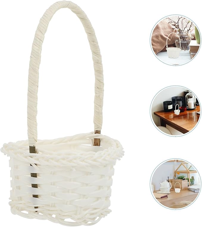 DOITOOL Flowers 6pcs Wicker Rattan Flower Basket with Handle- White Mini Flower Girl Basket- Small Woven Basket for Hanging Decoration, Storage, Wedding (Heart/ 3.54x3.34x5.89inch) Bulk Candy