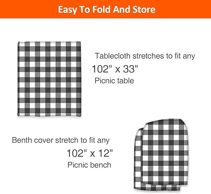 KENOBEE 8.5ft Picnic Table and Bench Cover, Camping Essentials RV Gear, 102 in Waterproof Windproof Outdoor Elastic All Around Tablecloth, Fitted Rectangle Tables and Seats, Black-White Checkered