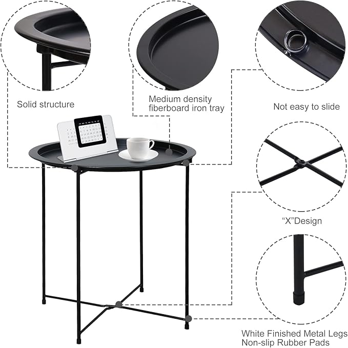 Garden 4 you End Table Metal Side Table Black Round Folding Tray Cyan Sofa Small Accent Fold-able Table, Round End Table Tray, Next to Sofa Table, Snack Table for Living Room and Bed Room