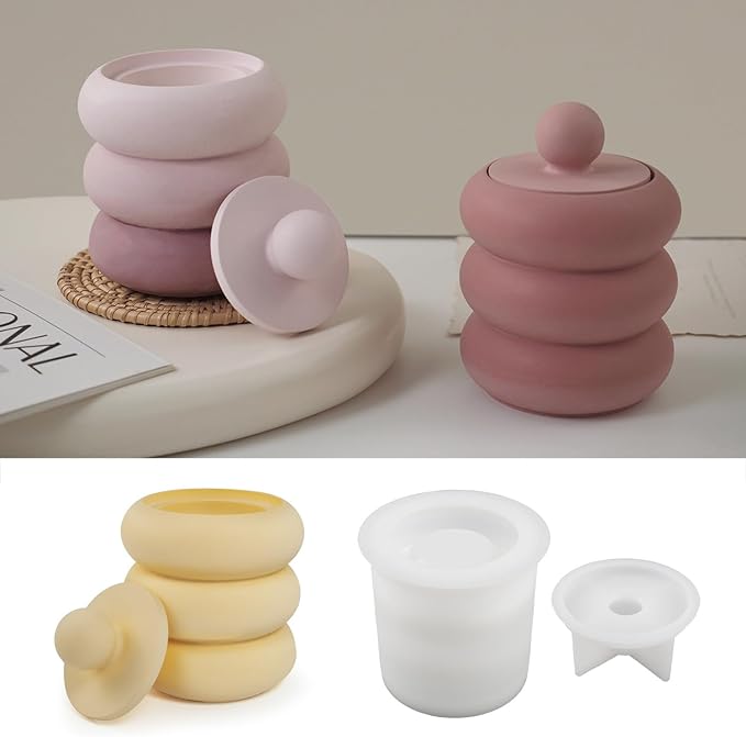 Storage Box With Lids, Silicone Candle Jar Molds Set, Creative Vessels Pot Molds, Concrete Round Stripe With Cover Bottle Making Moulds for Holder (M)