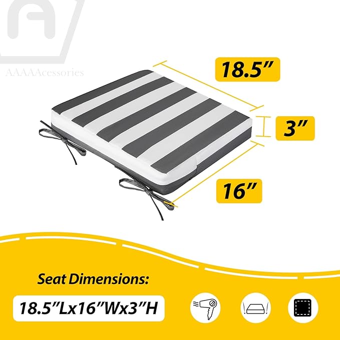 AAAAAcessories Outdoor Seat Cushions for Chairs, Waterproof, Fade-Resistant, 18.5" x 16" x 3", Patio Furniture Replacement Cushions, Set of 2, Gray Cabana Stripe