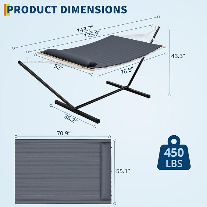 Double Hammock with Stand, 2 Person Portable Foldable Outdoor Hammock with Pad & Pillow, 450lb Capacity Heavy-Duty Hammock for Garden, Patio, Backyard, Dark Gray