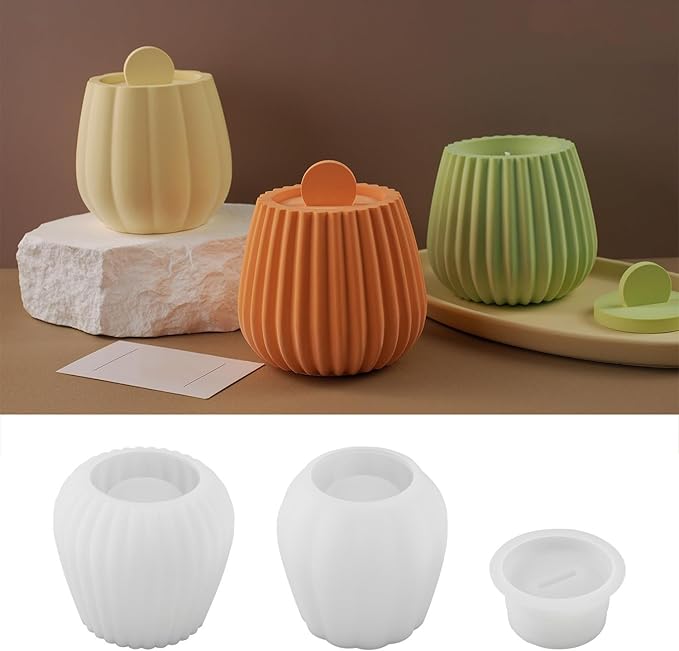 Storage Box with Lids, Silicone Candle Jar Molds Set, Creative Vessels Pot Molds, Concrete Round Stripe with Cover Bottle Making Moulds for Storage Holder (R-2Pcs)
