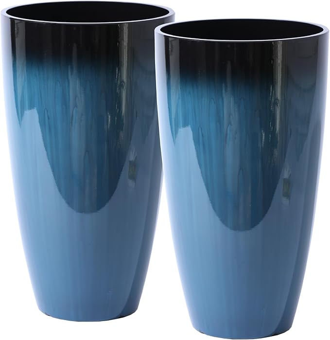 Plant Pots Large Plastic Planters 2Pack Glossy Blue Outdoor Tall Planter Plant Containers for Garden,Patio,Porch,Front Door,Backyard,Corner Decor Planters For Plants With Drainage Hole & Insert Shelf