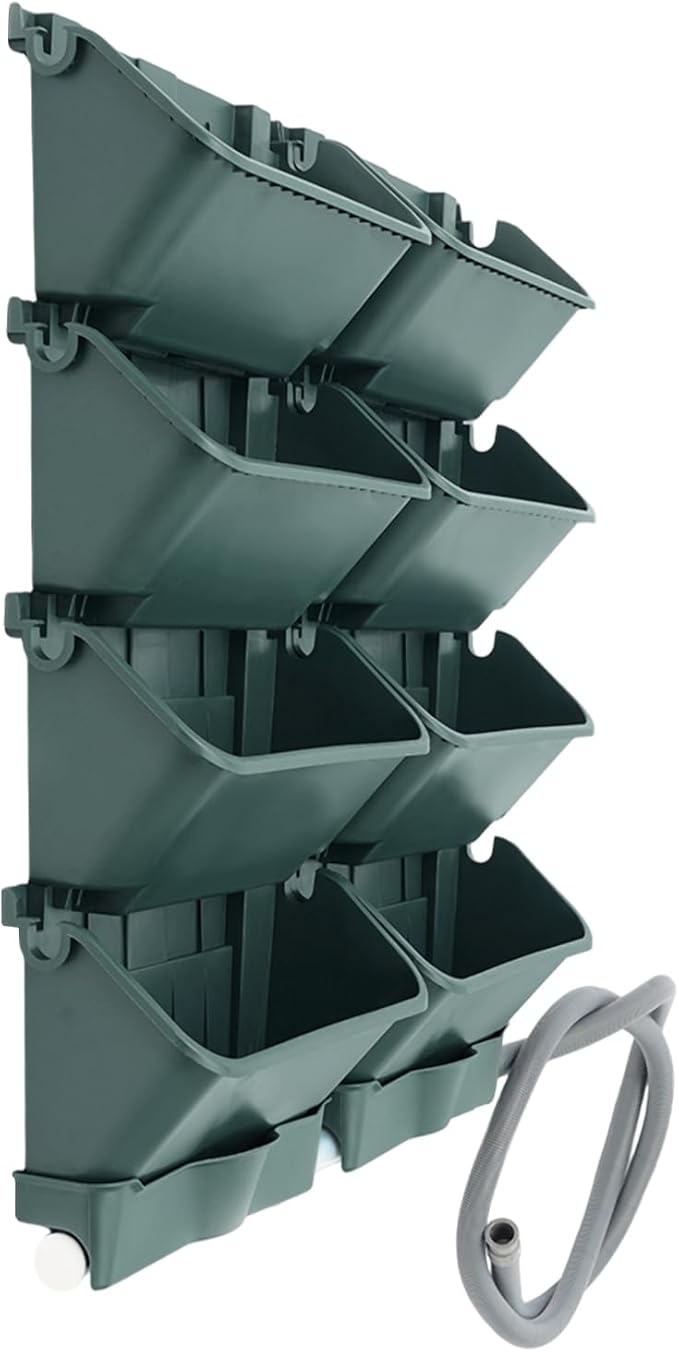 Vertical Wall Planter for Indoor Plant-Walls Mounted Pot with 2 Drainage Tray 8 Pack, 13 inch Dark Green for Decor, Plastic Pots Balcony Planters, Plants Hanging (8, Army Green)