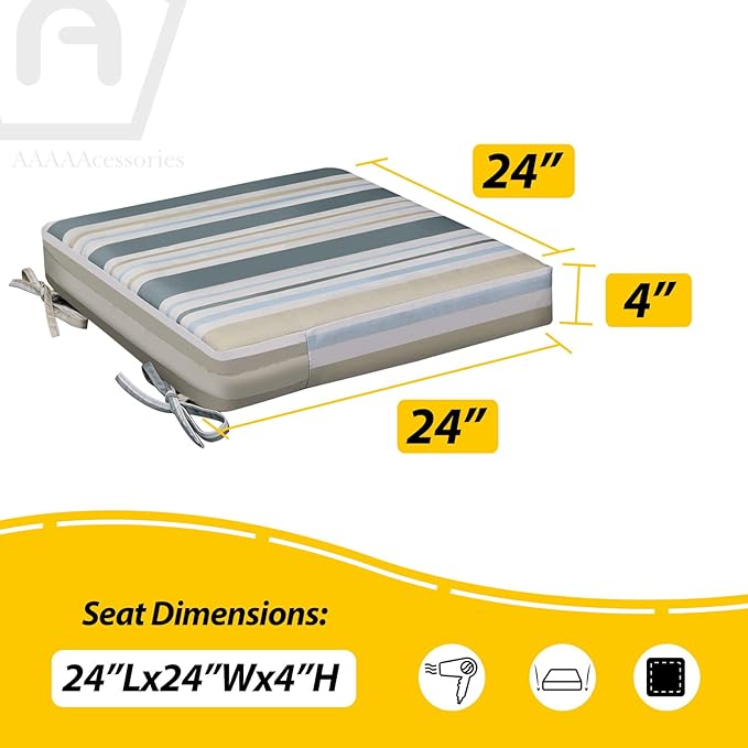 AAAAAcessories Outdoor Seat Cushions for Chairs, Waterproof, Fade-Resistant, 24" x 24" x 4", Patio Furniture Replacement Cushions, Set of 2, Slate Gray Blue Coastal Stripe