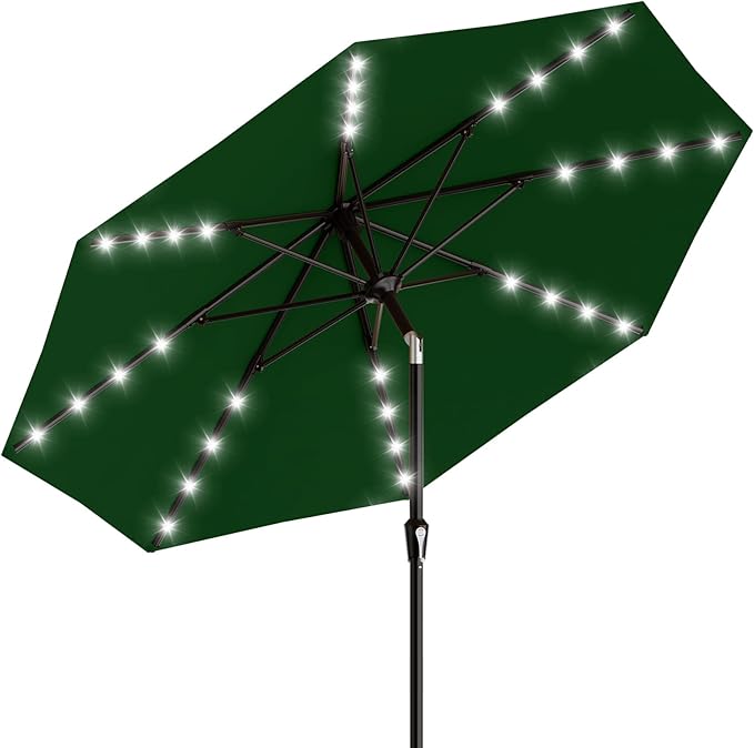 AreShark 9FT Patio Umbrella with Solar Lights, 32 LED Lighted Pool Umbrella w/Tilt and Crank, Outdoor Market Solar Umbrellas for Garden, Deck, Backyard, Pool and Beach, Dark Green