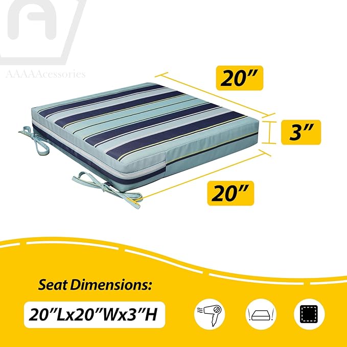 AAAAAcessories Outdoor Seat Cushions for Chairs, Waterproof, Fade-Resistant, 20" x 20" x 3", Patio Furniture Replacement Cushions, Set of 2, Stormy Teal Coastal Stripe