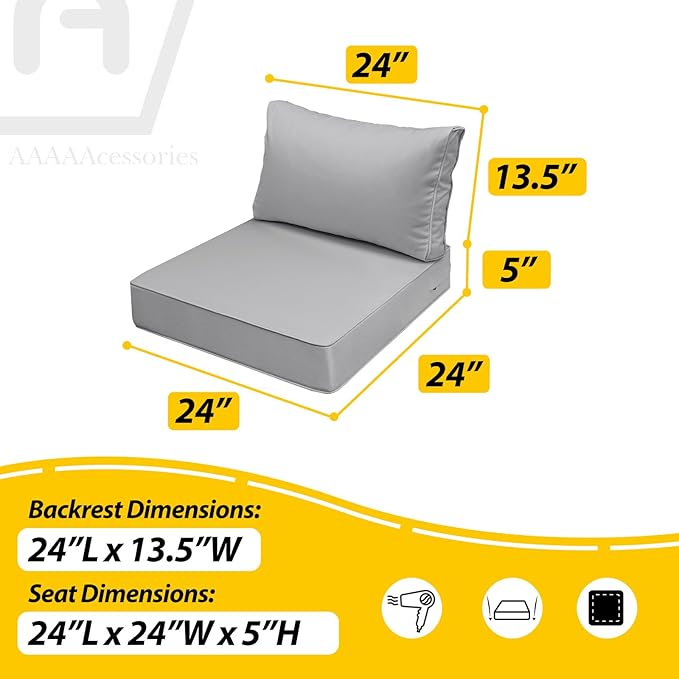 AAAAAcessories Outdoor Deep Seat Cushions, Waterproof, Fade-Resistant Patio Furniture Replacement Cushions, 24" x 24" x 5" + 24" x 13.5", Set of 2, Gray