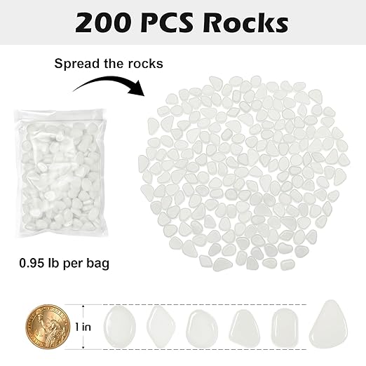 Glow in The Dark Rocks Outdoor, 200 pcs White Solar Rocks for Landscaping, Outdoor Decor Glow in The Dark Stones, Glowing Pebbles for Garden Backyard Patio Lawn Pond Fish Tank Aquarium Decor