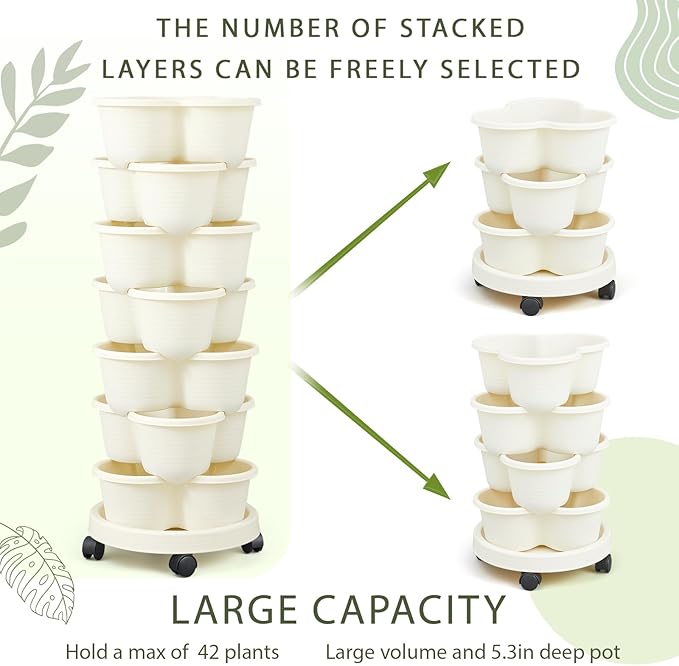 Umigy 2 Set of 7 Tier Stackable Vertical Planters with Removable Wheels and Tools Tower Planters Strawberry Herb Flower Vegetable Pots Indoor Outdoor Gardening Pots(Ivory)